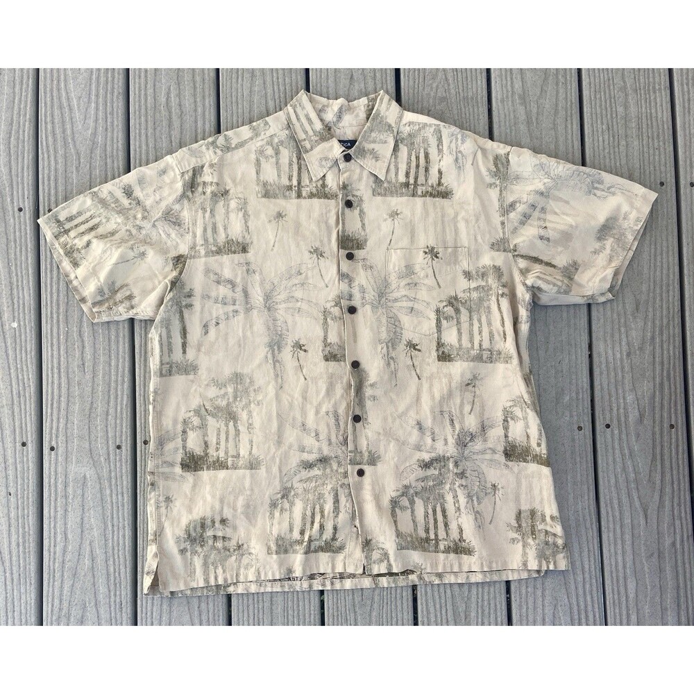 Nautica XL Silk Linen Beige Hawaiian Palm Tree Button Shirt Short Sleeve Safari